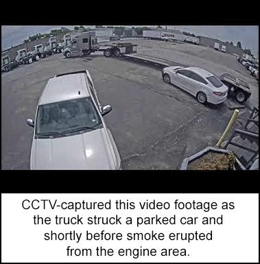 CCTV-captured this video footage as the truck struck a parked car and shortly before smoke erupted from the engine area. 