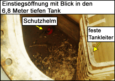 Blick durch die Einstiegsöffnung in den engen Raum eines 6,8 Meter tiefen Tanks