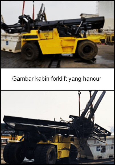 Forklift dengan kerosakan ketara pada kabin.