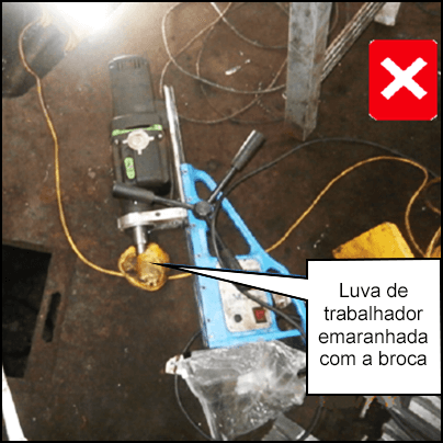 Luva de trabalhador emaranhada com a broca 