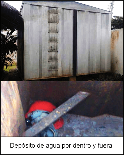 Las primeras imágenes muestran la parte exterior del depósito de agua, con las puertas prácticamente cerradas. La segunda imagen muestra el interior del tanque de agua vacío, con el registro en el suelo.