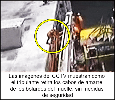 Las imágenes del CCTV muestran cómo el tripulante retira los cabos de amarre de los bolardos del muelle, sin medidas de seguridad