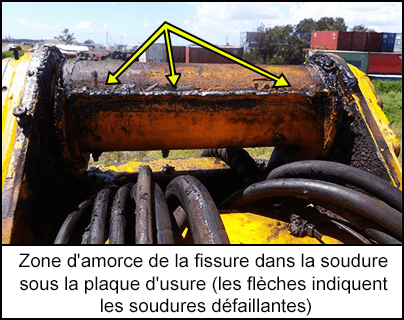 Zone d'amorce de la fissure dans la soudure sous la plaque d'usure (les flèches indiquent les soudures défaillantes)