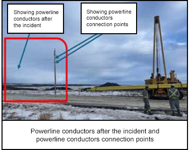 Powerline conductors after the incident and powerline conductors connection points