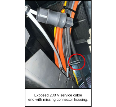 Exposed 230 V service cable end with missing connector housing.