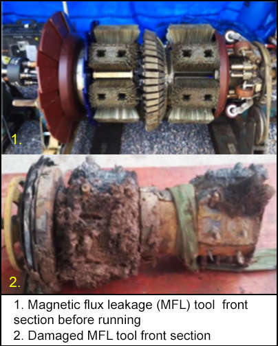 The front of the magnetic flux leakage tool before and after the damage.