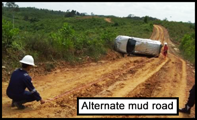 A driver examining the muddy road. Another driver stood beside the overturned silver vehicle. 