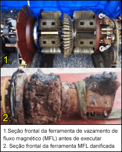 A frente da ferramenta de vazamento de fluxo magnético antes e depois do dano.