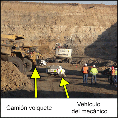 Zona de carga con un camión volquete estacionado y un camión blanco al lado. Los trabajadores están parados cerca de ambos.