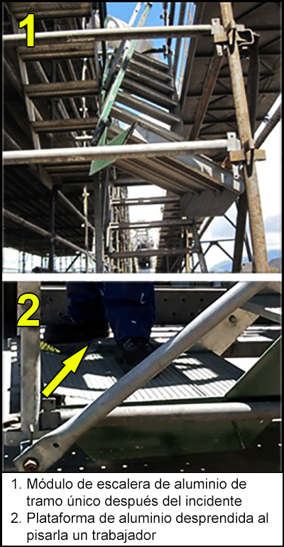 Módulo de escalera de aluminio de tramo único después del incidente, y plataforma de aluminio desprendida al pisarla un trabajador