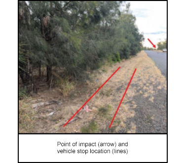 Point of impact (arrow) and vehicle stop location (lines)