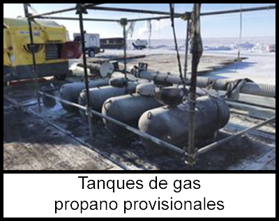 4 tanques de gas propano en un cerramiento exterior provisional de metal.