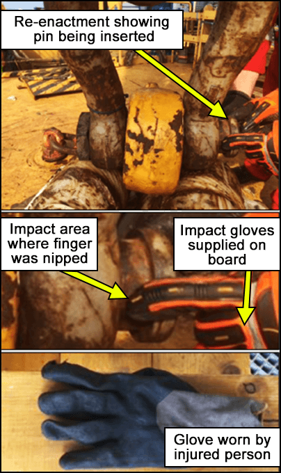 Re-enacment showing pin being inserted, impact area and glove worn by injured person