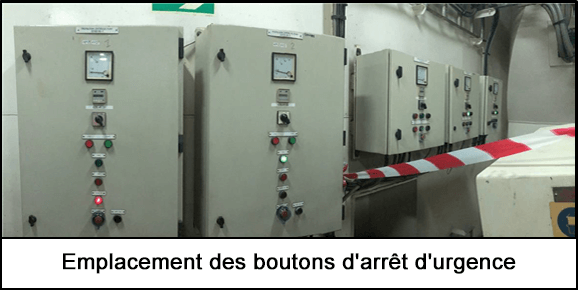 Les pompes d’huile lubrifiante comportant des boutons d'arrêt d'urgence sans caches de protection.