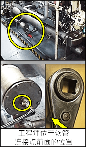 工程师位于软管连接点前面的位置