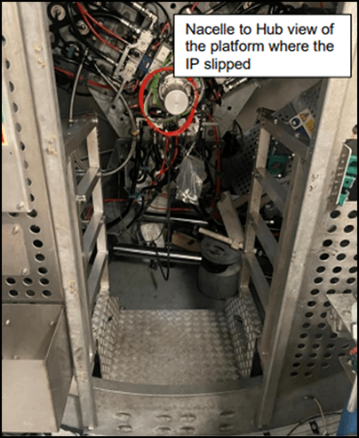 Nacelle to hub view of the platform where the IP slipped