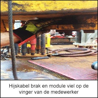 Hijskabel brak en module viel op de vinger van de medewerker