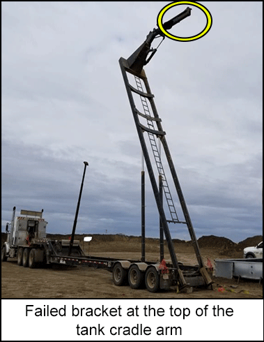 Failed bracket at the top of the tank cradle arm   