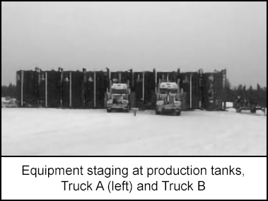 Equipment staging at production tanks, Truck A (left) and Truck B 