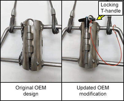 Original OEM design and the updated OEM modification with locking T-handle