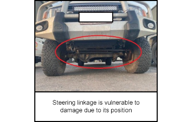 Steering linkage is vulnerable to damage due to its position