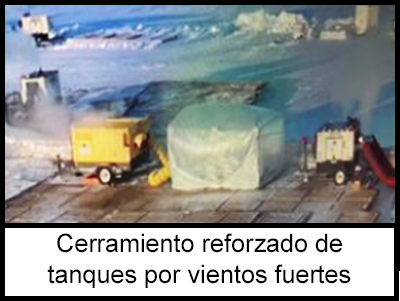 El cerramiento reforzado de los tanques con un material envoltorio para la protección contra vientos fuertes.