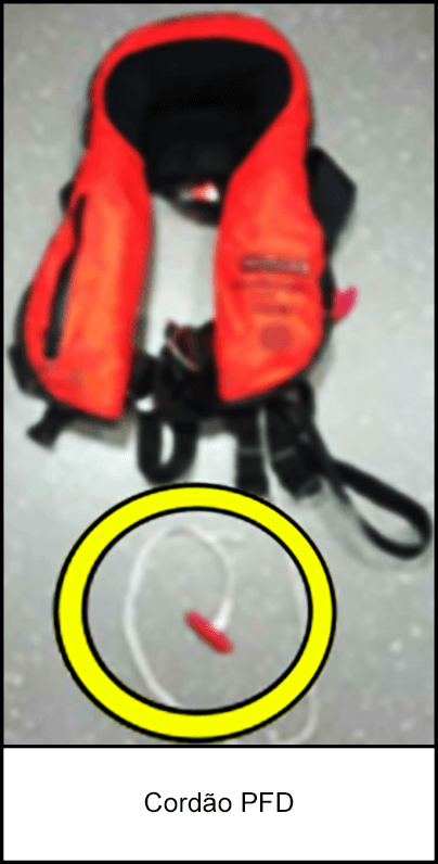 Um colete salva-vidas vermelho e preto com cordão PFD pendurado