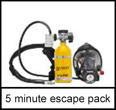 A five minute escape pack including a fresh-air canister and face mask used for emergency air supply. 