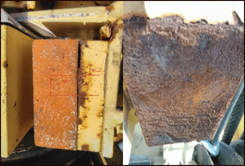 A composite block with rust damage 