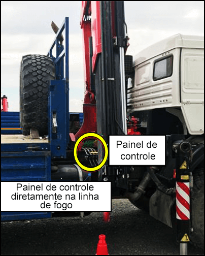 Imagem de um guindaste montado em caminhão com o painel de controle do lado do passageiro diretamente na linha de fogo