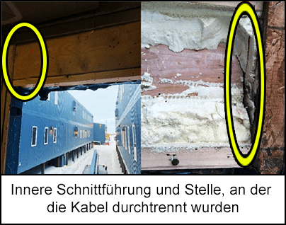 Innere Schnittführung und Stelle, an der die Kabel durchtrennt wurden