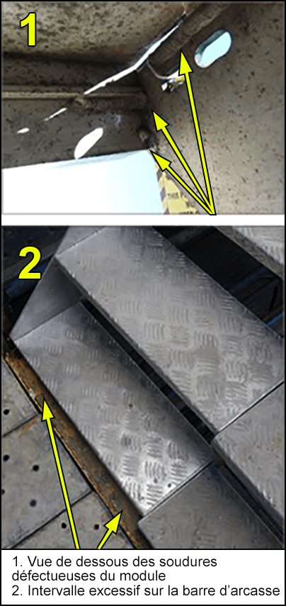 Vue de dessous des soudures défectueuses du module et intervalle  excessif sur la barre d’arcasse