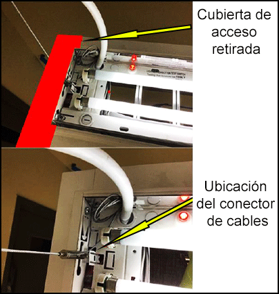 Cubierta de acceso retirada y Ubicación del conector de cables