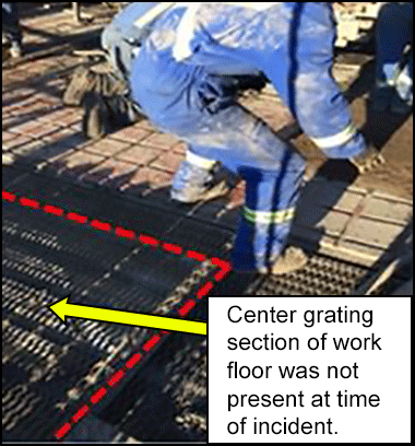 Center grating section of work floor was not  present at time of incident.