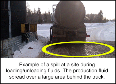 Example of a spill at a site during loading/unloading fluids. The production fluid spread  over a large area behind the truck. 