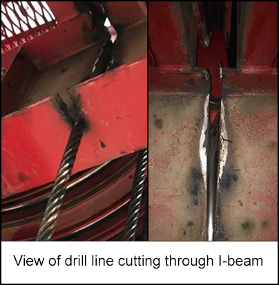 View of drill line cutting through I-beam