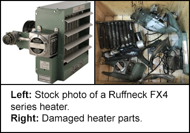 Stock photo of a Ruffneck Fx4 series heater and damaged heater parts