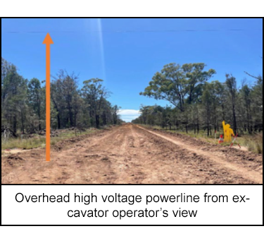 Overhead high voltage powerline from excavator operator’s view