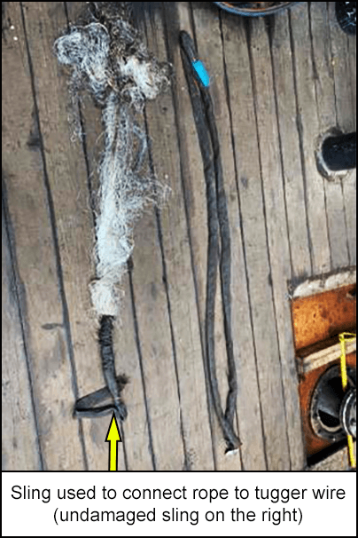 Sling used to connect rope to tugger wire (undamaged sling on the right)