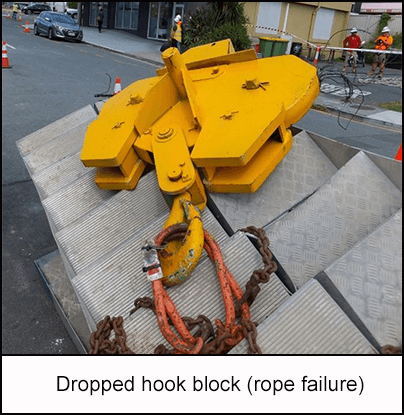 Dropped hook block (rope failure)