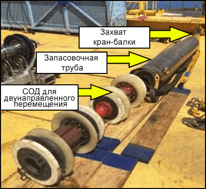 Кран на палубе поднимает трубопровод.