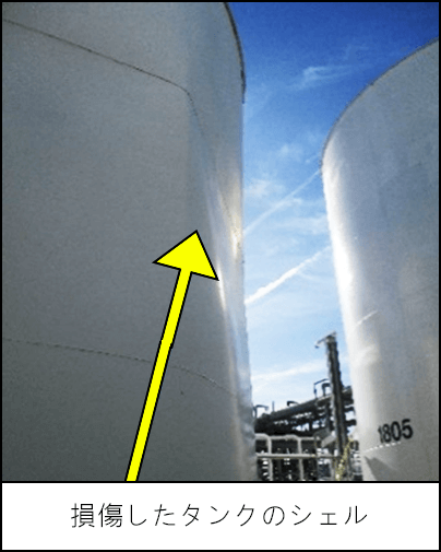 2100バレルの炭素鋼製地上保管タンク x 2本一方のタンクには、シェルに大きな凹みが見られます。
